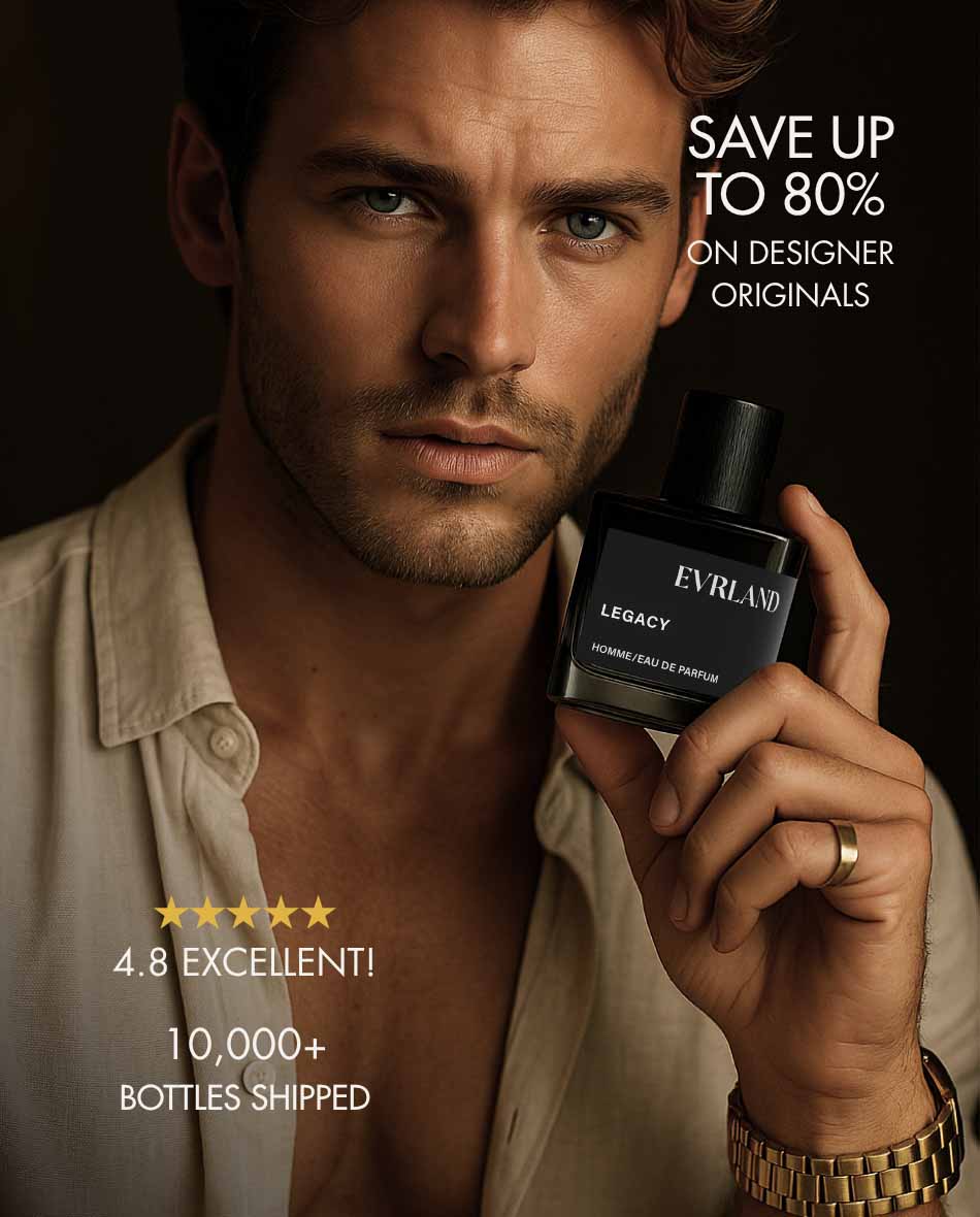 Man holding Evrland Fragrances bottle inspired by Jo Malone Midnight Gentleman and Oud Midnight Velvet spicy, woody, and fresh scent