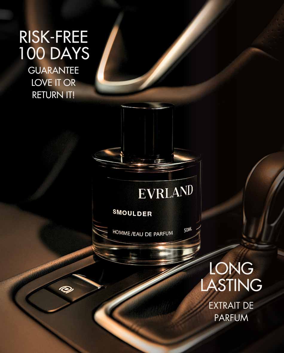 Everland Smoulder perfume bottle on a car dashboard with promotional text.