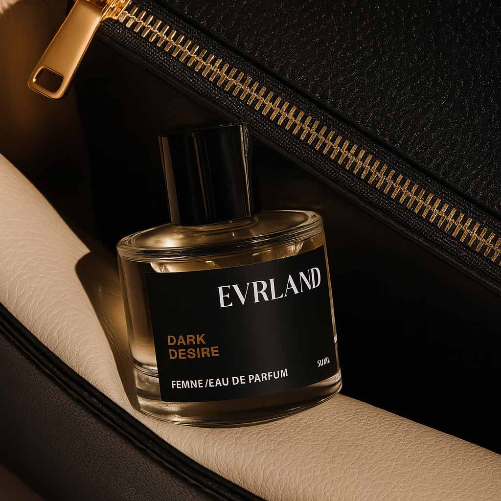Perfume bottle labeled 'Evrland Dark Desire' on a black and gold background