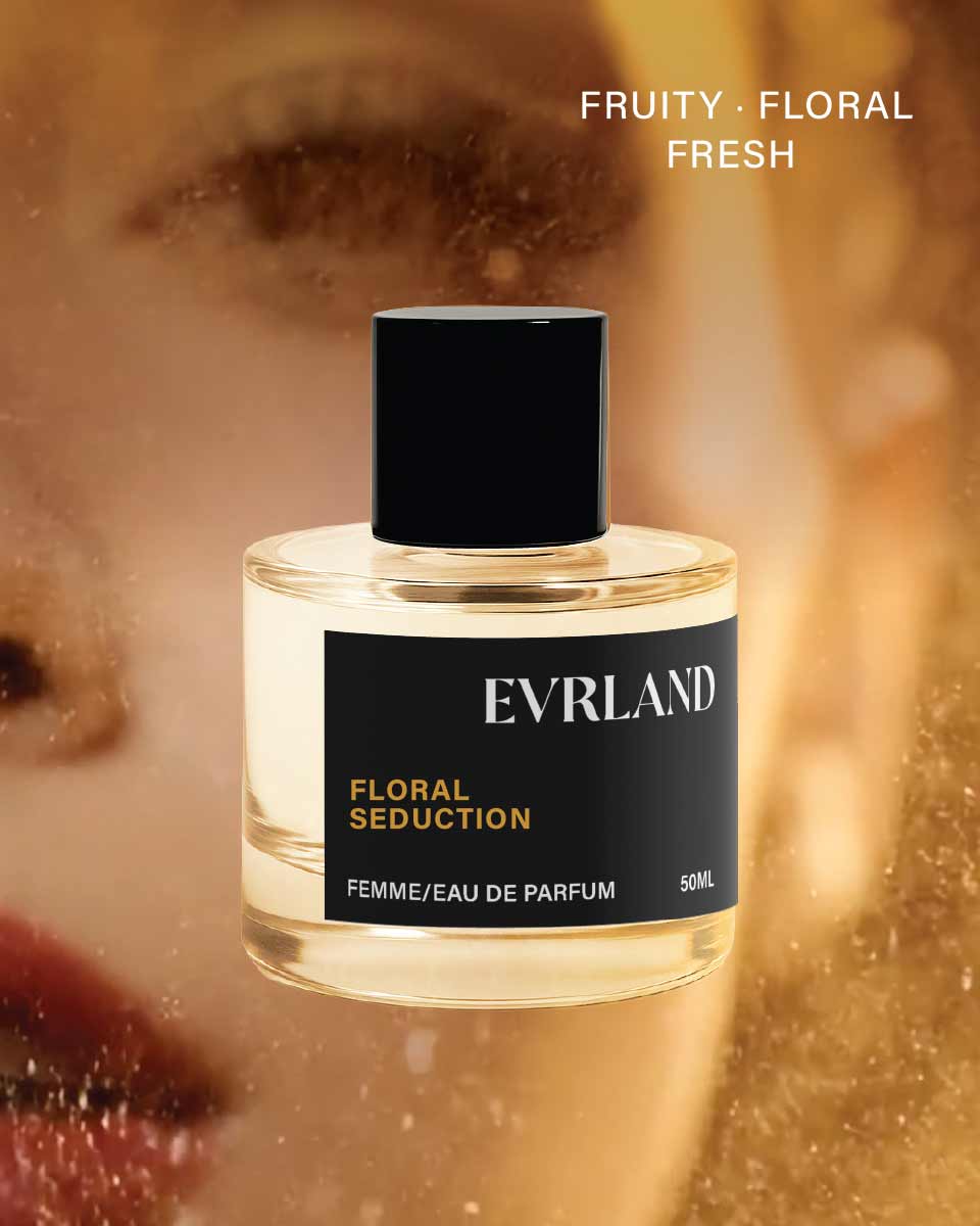 Perfume bottle labeled 'Evrland Floral Seduction' with a blurred background