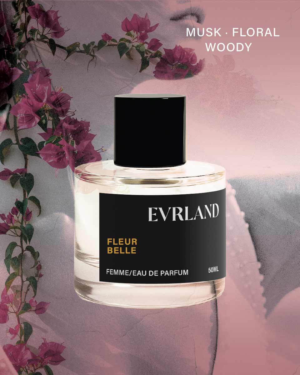 Perfume bottle labeled 'Evrland Fleur Belle' with floral background
