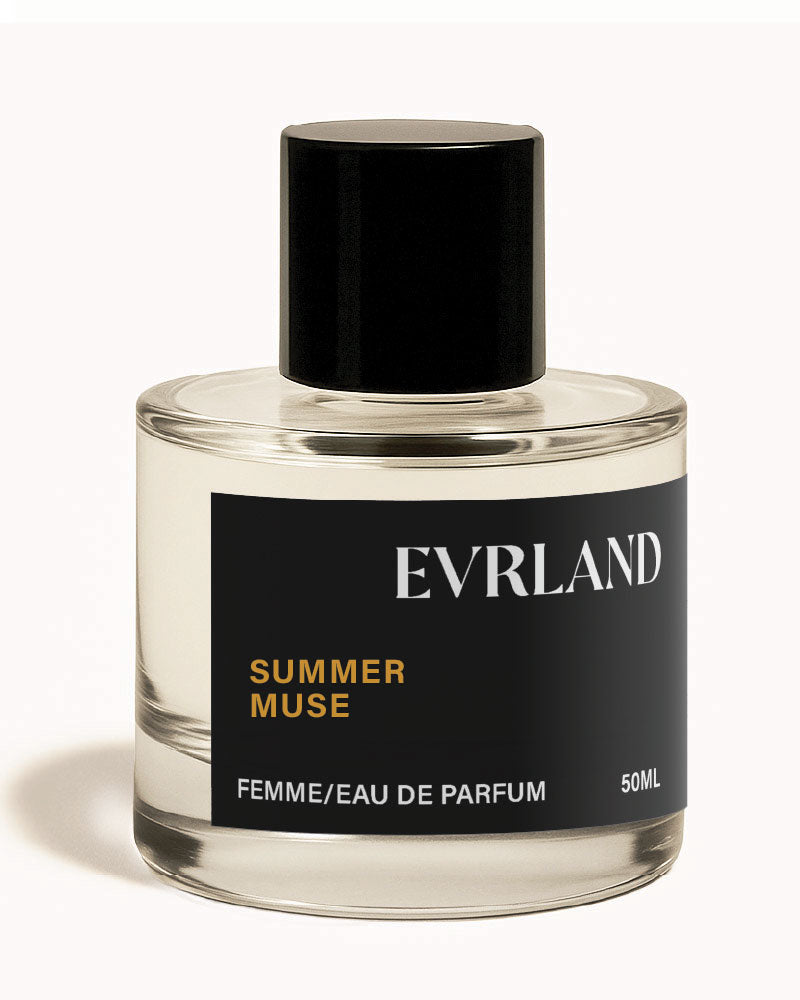 Perfume bottle labeled 'Summer Muse' by Evrland on a white background
