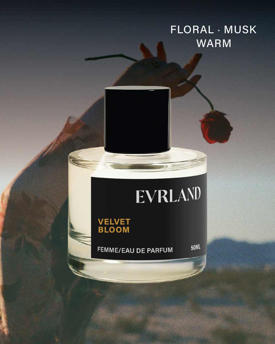 Perfume bottle labeled 'Evrland Velvet Bloom' with a blurred background