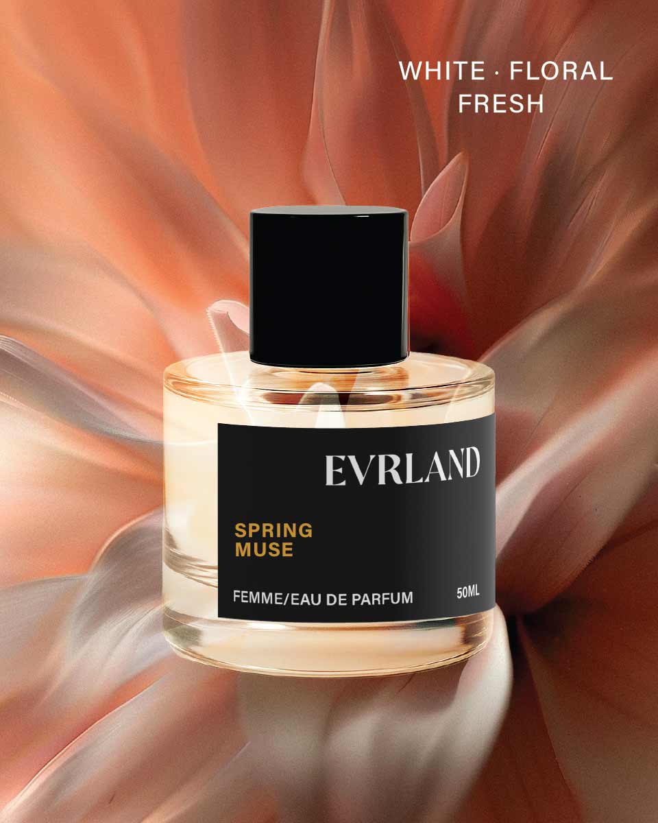 Perfume bottle labeled 'Everland Spring Muse' with a floral background