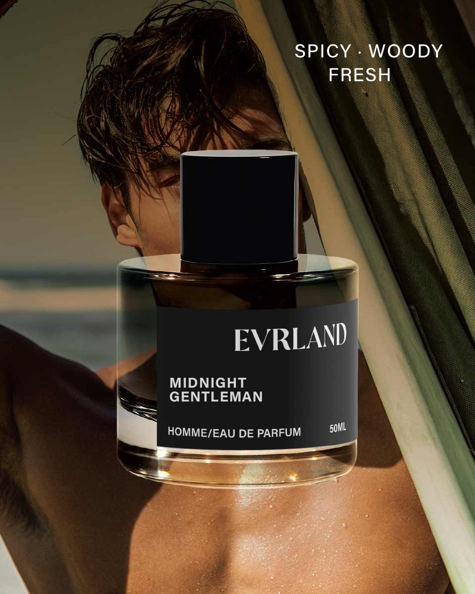 Inspired by Jo Malone Midnight Gentleman and Oud Midnight Velvet. Evrland Fragrances spicy, woody, and fresh perfume bottle