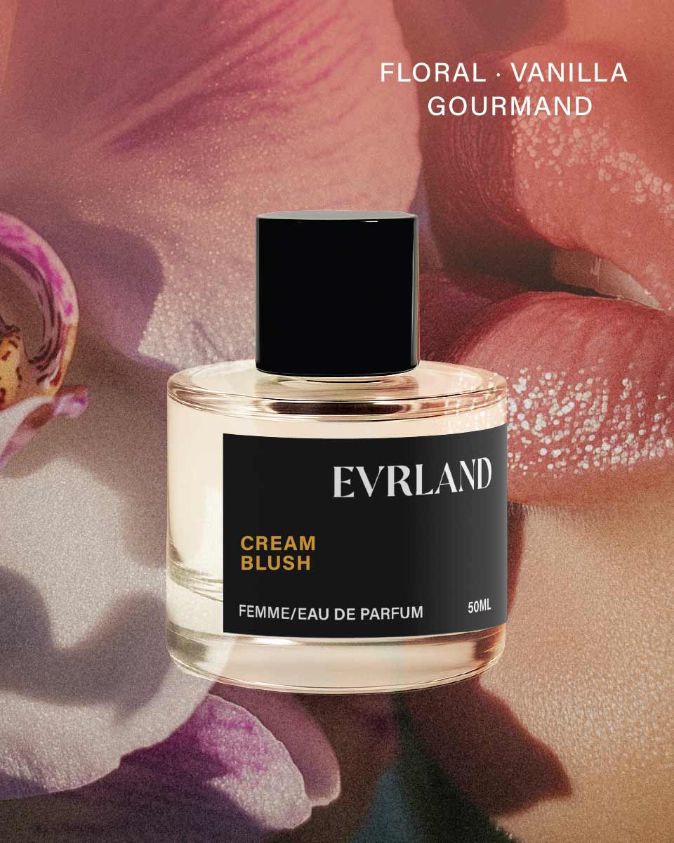 Perfume bottle labeled 'Evrland Cream Blush' with floral background