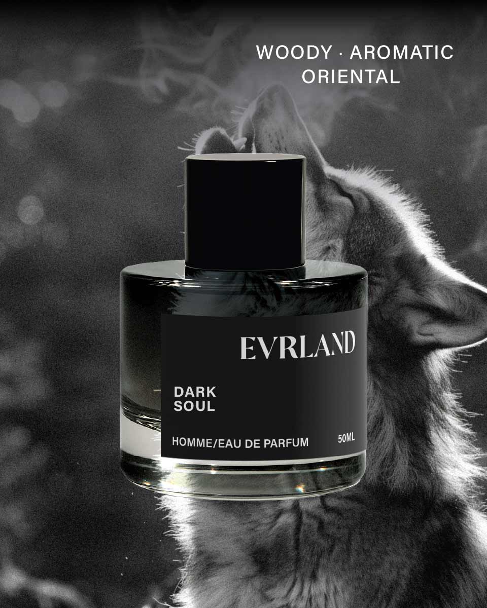 Perfume bottle labeled 'Everland Dark Soul' with a cat in the background