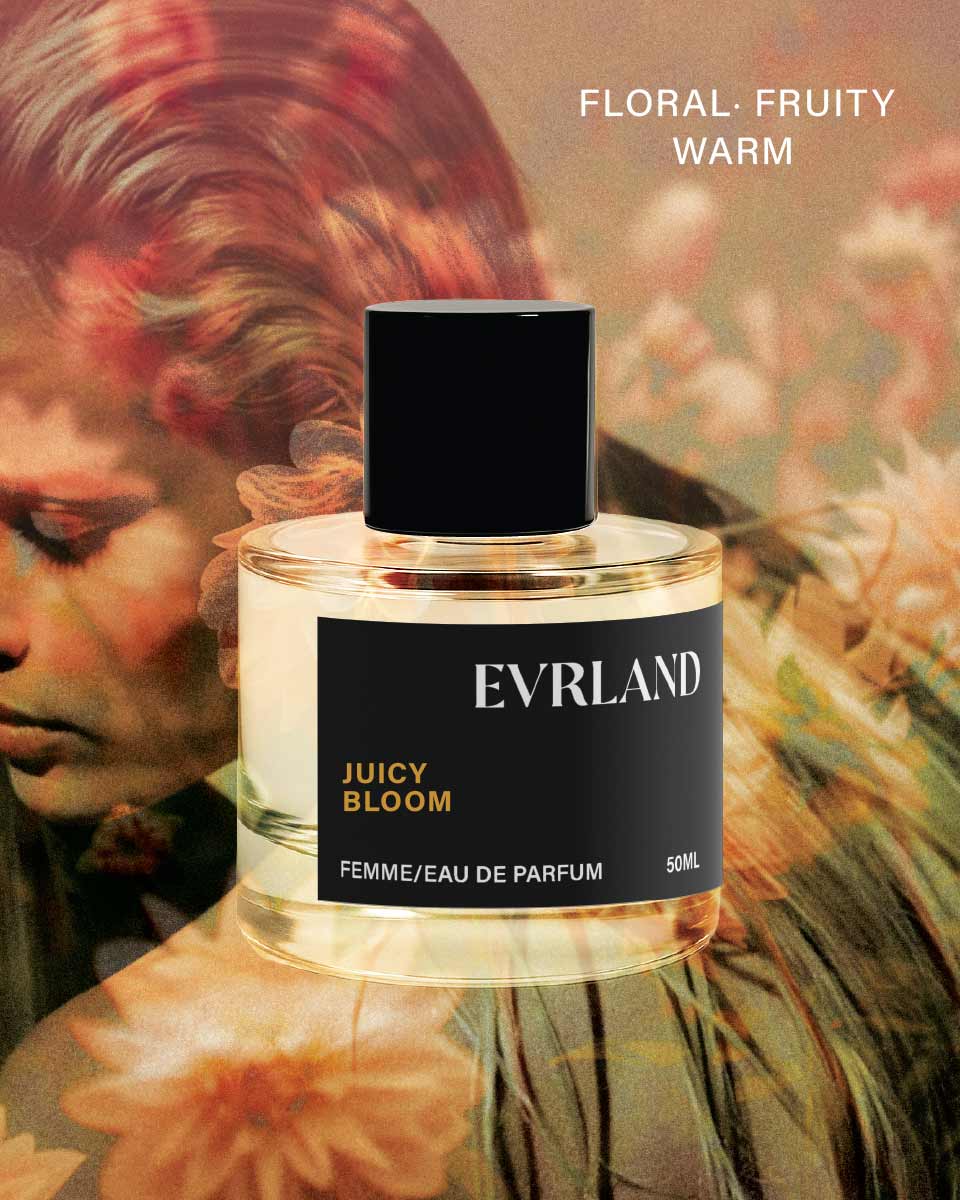 Perfume bottle labeled 'Evrland Juicy Bloom' with floral and artistic background
