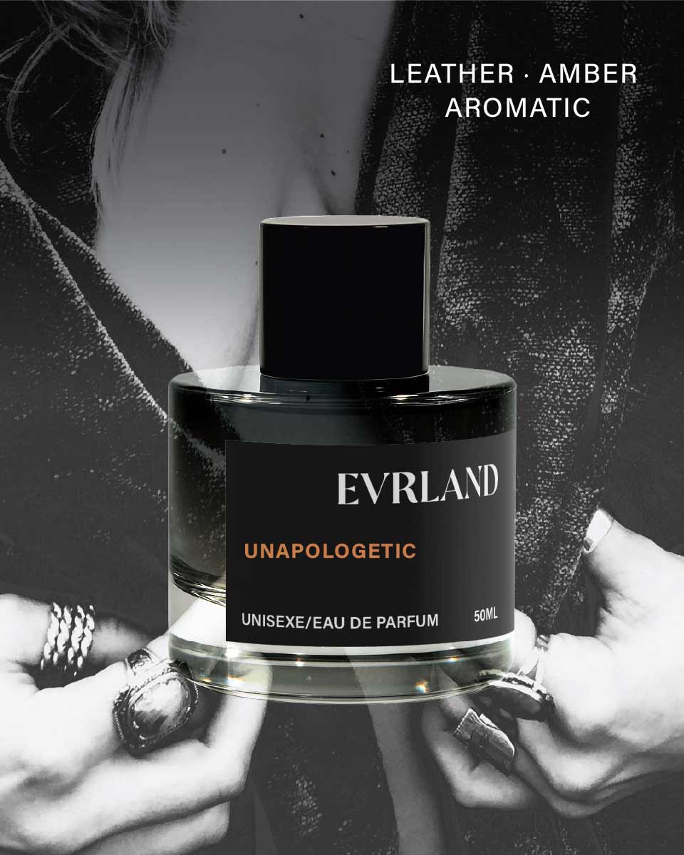 Evrland Unapologetic perfume bottle held by hands with a black and white background
