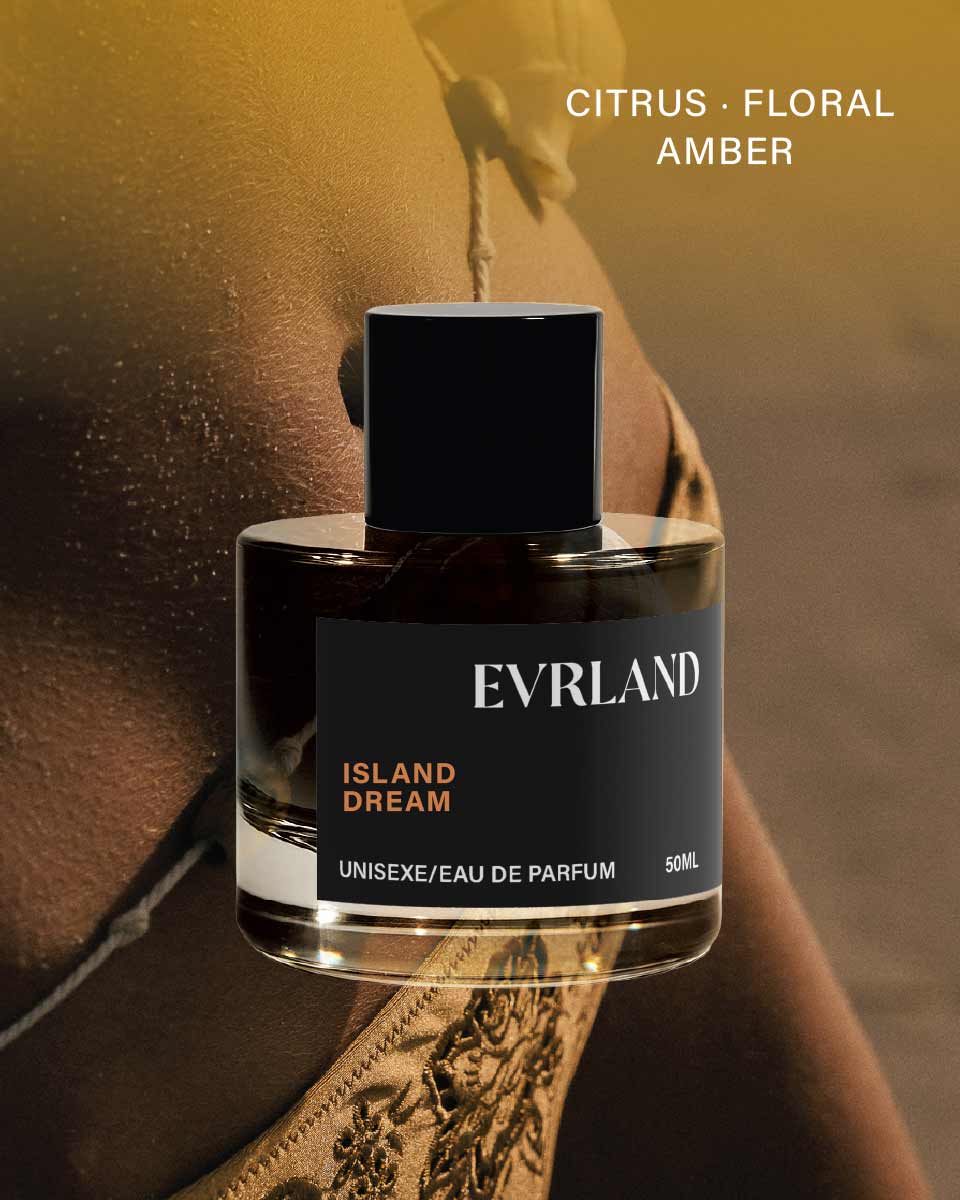 Evrland Island Dream perfume bottle with a blurred background