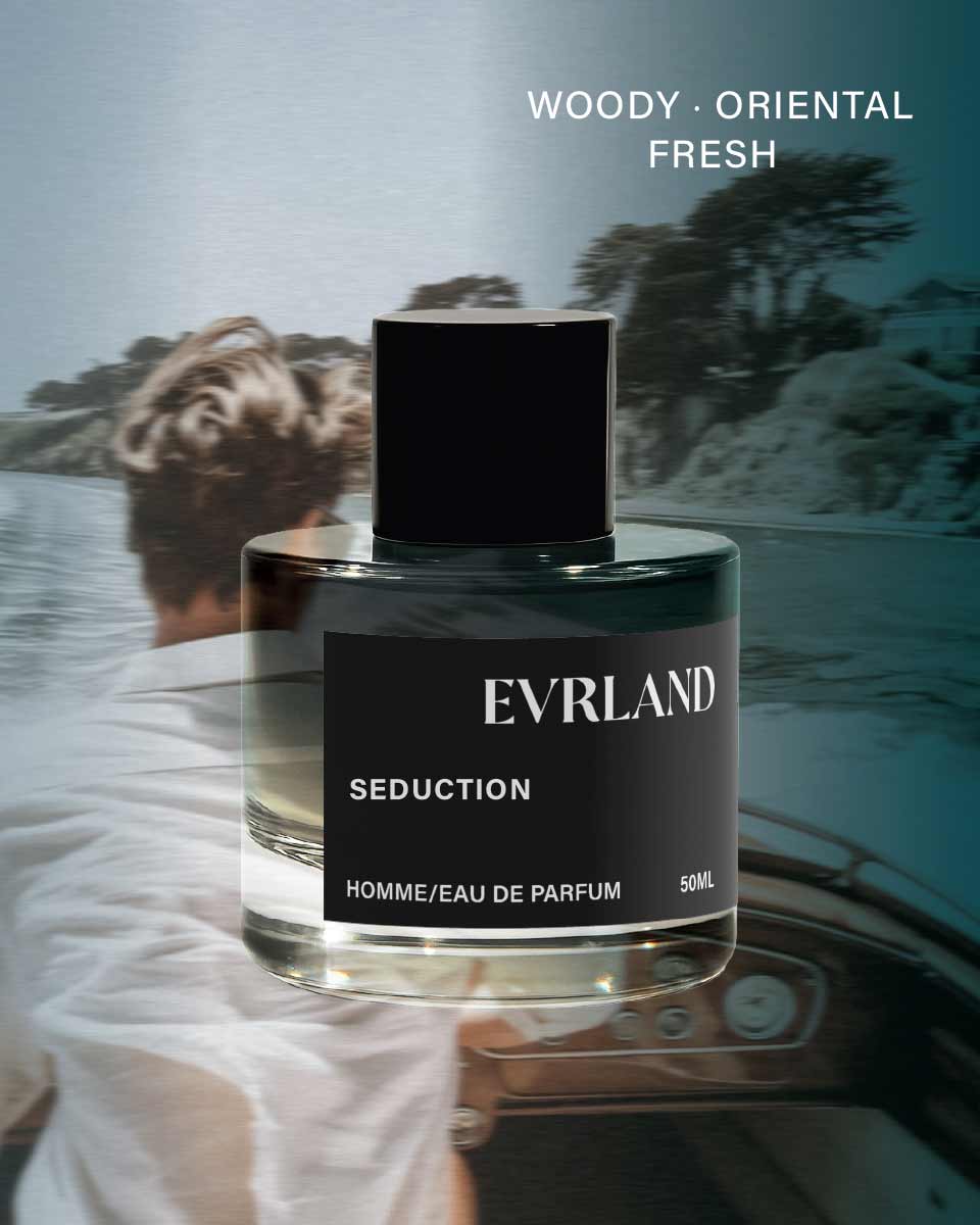 Perfume bottle labeled 'Evrland Seduction' with a blurred background of a person on a boat.