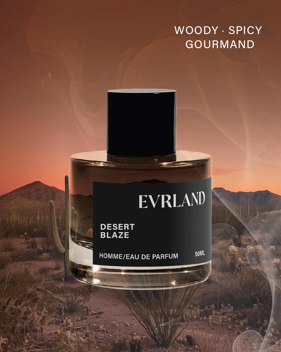 Perfume bottle labeled 'Desert Blaze' by Evrland with a desert landscape background