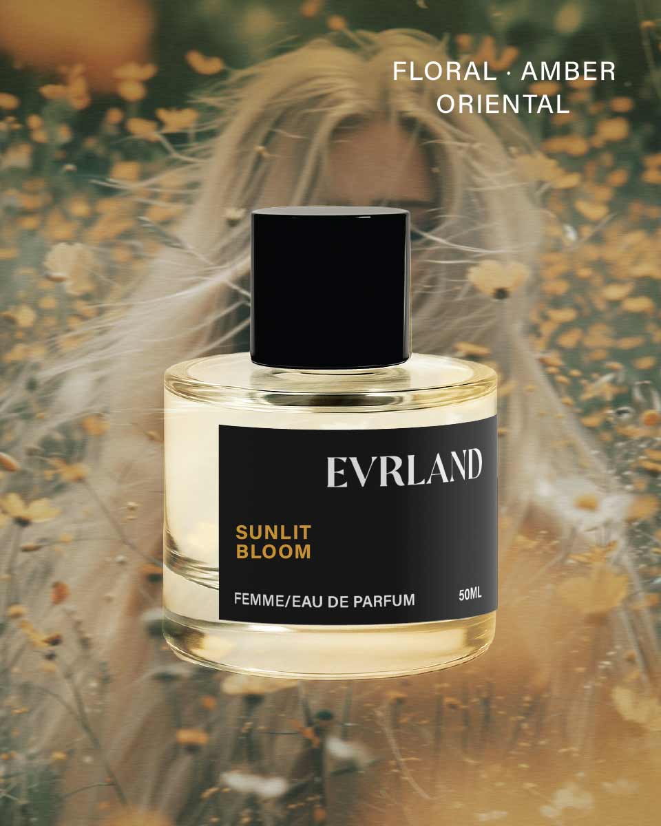 Perfume bottle labeled 'Evrland Sunlit Bloom' with a blurred background of a person and nature.