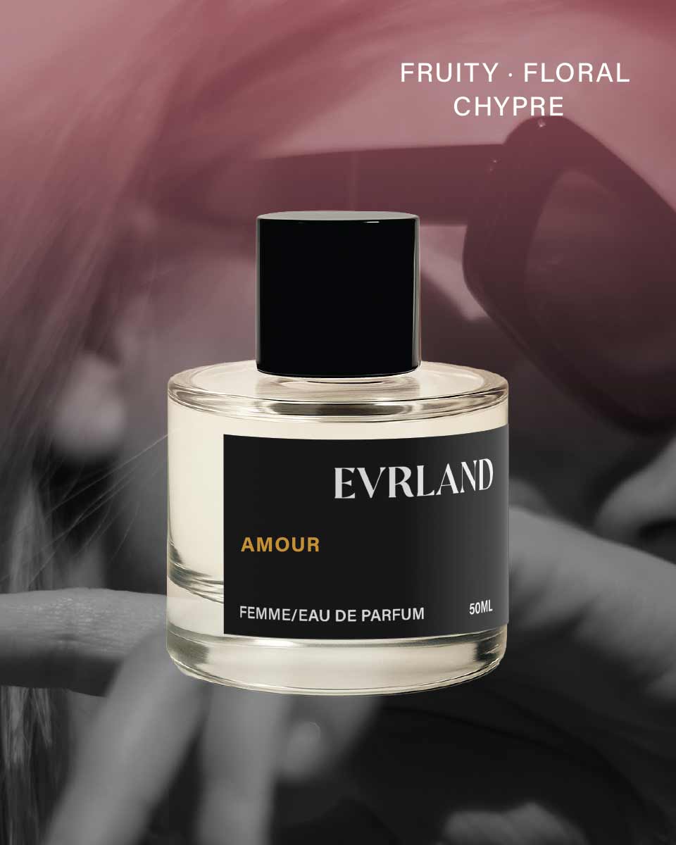 Perfume bottle labeled 'Everland Amour' with a blurred background